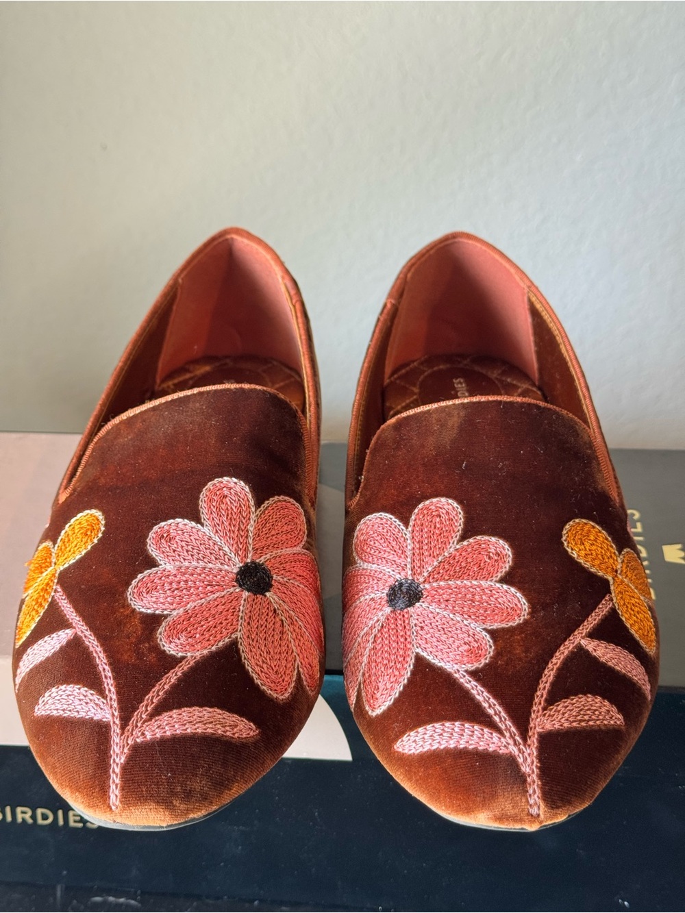 Birdies Brown Velvet Floral Embroidered Loafers with Pink & Yellow Flowers